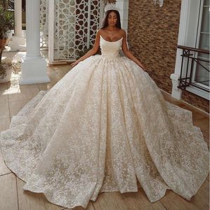 Princess Sparkly Sequins Full Lace A Line Wedding Gowns 2022 Plus Size Tiered Sweep Train Bridal Party Dresses Robe De Marriage 322