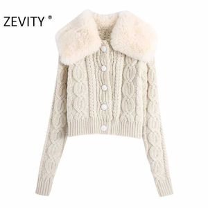 Zevidade Mulheres Moda Faux Fur Collar Patchwork Tricô Casual Camisola Femme Chic Twist Crochet Cardigan Tops S457 210603