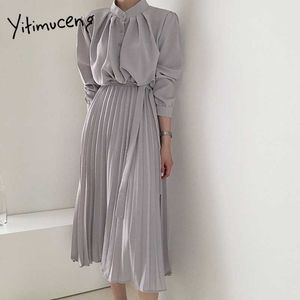 Koszulki Yitimuceng Suknie Dla Kobiet Przycisk Up Wysoka Talia A-Line Wiosna Lato Koreański Moda Elegancka Biurowa Dama Dress 210601