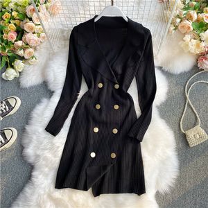 Autumn new design women's turn down long sleeve slim waist double breasted knitted sweater casual dress