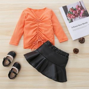 kids Clothing Sets girls outfits children Drawstring Pit stripe Tops+PU Leather skirts 2pcs/sets spring Autumn fashion Boutique baby clothes