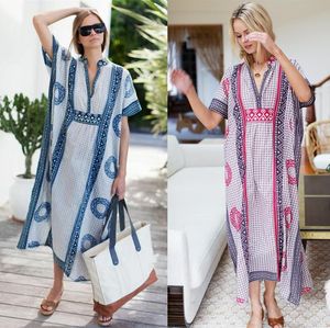 Bohemiska kvinnor sommarstrandklänning badkläder täckning tunika sexig djup v-ringning mantel kaftan bikini cover-ups pareo sarongs