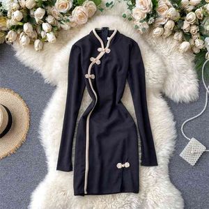 Spring Autumn Women's Dress Stand Collar Button Cheongsam Improved Solid Color Slim Sexy Long Sleeve es GX100 210507
