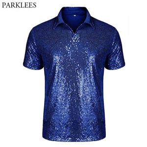 Mens Polo Shirt Sequins Short Sleeve Nightclub Party T-Shirts Tops Turndown Sparkle 70s Disco Shirt Party Costume Royal Blue 2XL 210522