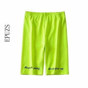 Neon Green Biker Spodenki Kobiety Sexy Elastyczna Wysoka Talii List Haft Bawełniany Lato Krótki Femme Steetwear 210521