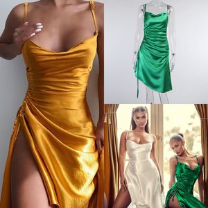 Julissa Mo Satin Side Split Rüschen Damen Kleid Ärmelloses Quadrat Kragen Party Kleider Solide Elegante Clubwear Abend Vestidos X0521