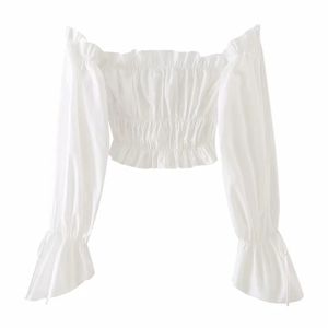 Women Vintage Sexy White Slash Neck Elasticity Shirt Puff Sleeve Lrregular Cuffs Spring Chic Female Shirt Top 210520