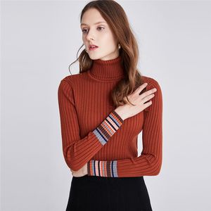 Camisola feminina de inverno Coreano de malha alto pescoço listrado quente túnica túnica cashmere jumper manga comprida preto pullover 210428