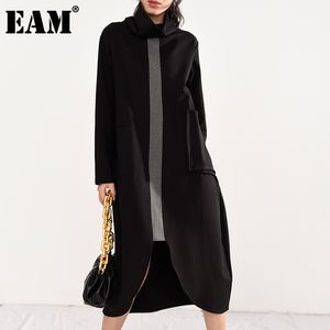 [EAM] Kobiety Czarna kieszeń Duży rozmiar Midi Dress Turtleneck Długi rękaw Loose Fit Fashion Spring Jesień 1Z30901 21512