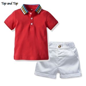 Top e Top Summer Boys Roupas Conjuntos de manga curta T-shirt de algodão listrado + calça curta menino menino cavalheiro roupas 2pcs terno 210326