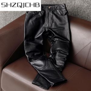 Oryginalne skórzane spodnie mężczyźni czarny styl motocyklowy spodnie prawdziwy skóra bydlęca plus rozmiar 4xl pantalon cuir homme w4356 mężczyźni