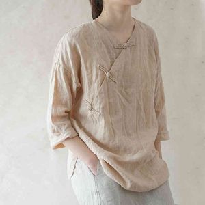 Johnature Women Chinese Style Shirts And Tops V-Neck Long Sleeve Blouses Summer Cotton Linen Clothes Vintage Female Shirts 210521