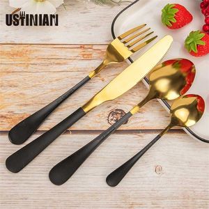 4 pçs / set garfos colheres de colheres Conjunto de talheres de aço inoxidável Cutelaria Definir Dinnerware Silver Utense Conjunto De Faca De Faca De Colher Gold 211112