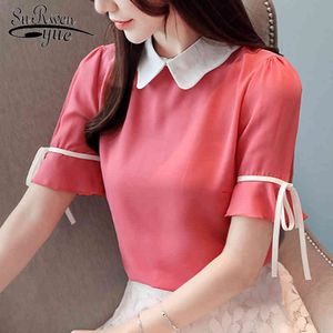 Chiffon Blouse Kvinnors Kläder Koreanska Fashion Short Bow Solid Peter Pan Collar Ladies Toppar 3463 50 210521