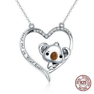 Autentisk 925 Sterling Silver Heart Pendant Koala Halsband Kvinna Mode Zircon Smycken Tjej Födelsedag Bröllopsgåva