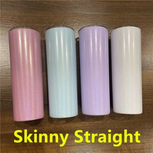 Wholesale! Sublimation Skinny STRAIGHT Glitter Tumblers With Straws Colorful Heat Transfer Cups Stainless Steel Water Bottles Double Insulated Drinking Mugs A12