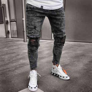 2021 Men'in Sıcak Yüksek Elastik Skinny Jeans Ripped Hip Hop Biker Kot erkek Ayak Ağızları Fermuar Koşu Rahat Kalem Uzun Pantolon X0621