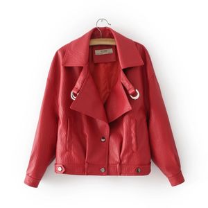 Moto Stil Kadın PU Ceketler Bahar Kırmızı Cep Bayanlar Ceket Moda Rahat Kadın Deri Ceket Vintage Gevşek Kız Mont 210427