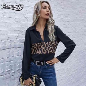 Turndown Collar Leopard Kolor Block Koszula Top Wiosna Kobiety Sexy Czarny Z Długim Rękawem Office Lady Elegancka Biała Bluzka 210510