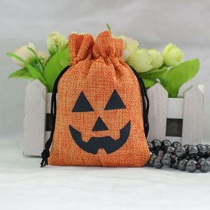 9*12cm/3,5*4,7 -tums Halloween presentomslag Pumpkin Linen Burlap Candy Drawstrings Bag Pocket Treat Storage Bags Cookie Pouch Kids Trick or Treating Party Decor TE0073