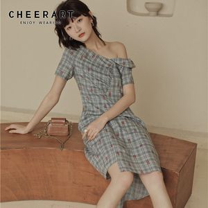 ビンテージ格子縞ワンショルダードレス非対称コインのチュニックルーチ夏の服210427