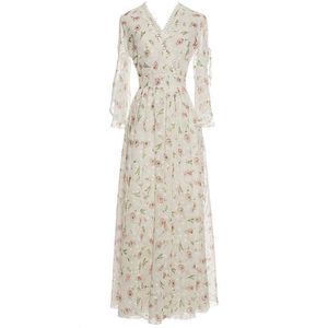 YOSIMI White Print Chiffon Long Women Dress Summer Maxi V-neck Half Sleeve Plus Size S-XXXL Lace Party Elegant 210604