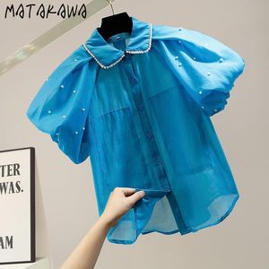 Matakawa Fashion Womens Toppar Tung industri Beaded Puff Sleeve Blusar Genomskinliga Skjorta Mesh Casual Top Blusas Mujer de MODA 210513