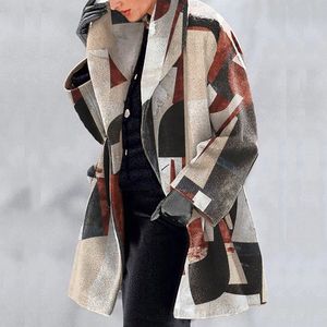 Vintage Harajuku Pattern Print Women Tweed Outerwear Autumn Winter Elegant Lapel Loose Coat Fashion Long Sleeve Jacket Tops