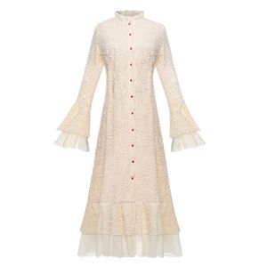 French Vintage Beige Stand Collar Flare Long Sleeve Mermaid Midi Dress Autumn Winter Elegant D2041 210514