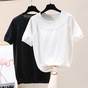 Casual Basic Summer Tun Tun Sweater Kvinnor Kortärmad O-Neck Mjuk Sticka Tröja Pullovers Solid Kvinna Jumper Top Plus Storlek 4XL 210604