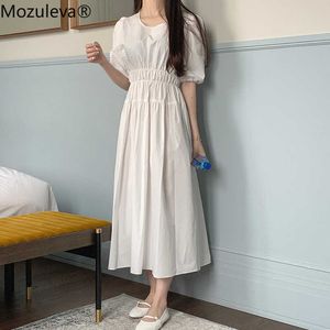 Mozuleva vintage o neck långärmad kvinna klänning hög midja ruffles spets up manschett split kvinnlig klänning a line vestidos våren
