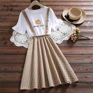 Preppy Style Summer Women Loose Clothes Fruit Letter Printed Patchwork Plaid Dress Flare Sleeve Elegant Sweet Girl's 210520