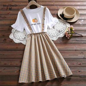 Preppy Style Summer Women Abiti larghi Frutta Lettera stampata Patchwork Plaid Dress Flare Sleeve Elegante Sweet Girl's 210520