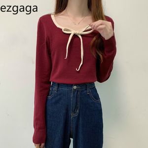 Ezgaga Bowknot Sweet Base Women Tops Square Long Sleeve Knitwear 내부 스퀘어 칼라 한국 대비 얇은 슬림 스웨터 풀오버 210430