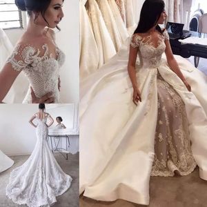 Luxo frisado puro o vestido de casamento com trem destacável 2022 laço impressionante applique árabe igreja princesa vestidos de casamento sereia