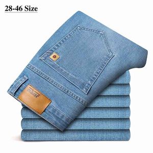 Autumn Winter Men's Light Blue Business Jeans Plus Size 42 44 Stretch Denim Straight-leg Pants Male Brand Trousers 210716
