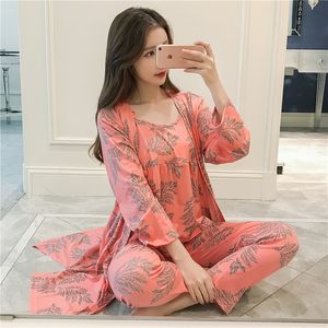 3 Sztuk Sexy Bawełniane Zestawy Piżamy Dla Kobiet 2021 Wiosna Długi Rękaw Ratuje Femme Print Sleepwear Homewear Pijama Mujer Trzy kawałek zestaw X0526