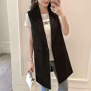 Women's Vests Classic Black Long Vest Women Elegant Suit Spring Autumn Sleeveless Jackets Outerwear Office Lady Slim Waistcoat Y305