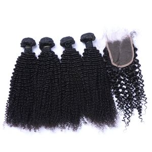 Brasileño Afro Kinky Curly Human Hair Teje Extensions 4 Paquetes con cierre Free Middle Part Double Themh Dyable Blingable 100G / PC DHL