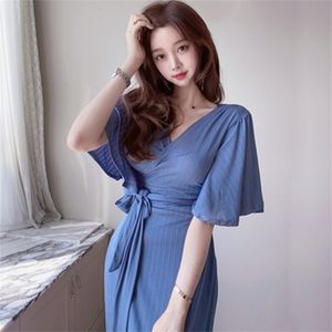 Verão Long Maxi Dress Mulheres Casual Boho Cor Sólida Praia Sexy V-Pescoço Ruffle Bodycon Envoltório High Slit Festa 210603