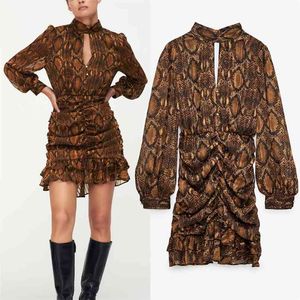 Vintage Animal Printed Chiffon Mini Dress Women High Neck Long Sleeve Ruched Ruffle Ladies Front Opening Elegant es 210519