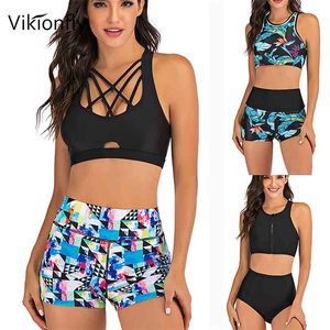 Vikionfly cintura alta biquíni conjunto com shorts swimsuit mulheres acolchoado esporte floral nadar push up cute top swimwear maiô 210712