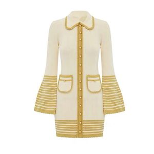 Black Yellow Gold White Striped Long Sleeve Knitted Short Mini Dress Autumn Turn Down Collar Flare D1664 210514