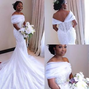 Novo branco sereia vestidos de casamento nigeriano árabe africano vestidos de noiva pura fora do ombro varredura trem robe de soriee 328 328