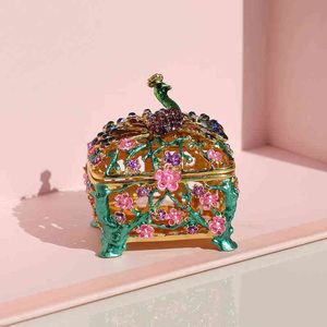 Peacock Figurine Trinket Boxes Hinged Collectible Crystal Jeweled Enameled Ring Holder Animal Jewelry Box Dressing Table Ornamen