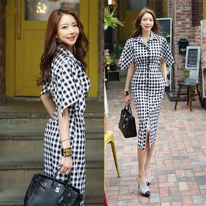 夏のシャツ韓国の女性のドレス半袖VネックトラフセクシーなMidi Party Dress for女性用格子縞服210602