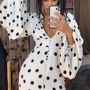 Long Sleeve Elegant Polka Dot Women Dress Print White Female Mini Sexy Deep V Neck Party Vestido De Mujer 210427