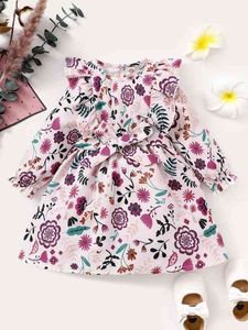 Baby Floral Print Ruffle Trim Flounce Sleeve Belted Dress SHE