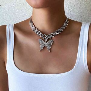 Big Butterfly Necklace for Women Cuban Link Chain Rhinestone Choker Statement Luxury Y2k Jewelry