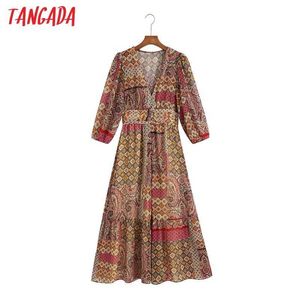 Tangada fashion women Paisley flowers print vintage dress long sleeve v neck pleated tunic midi dress 6Z74 210609